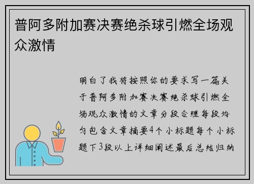 普阿多附加赛决赛绝杀球引燃全场观众激情